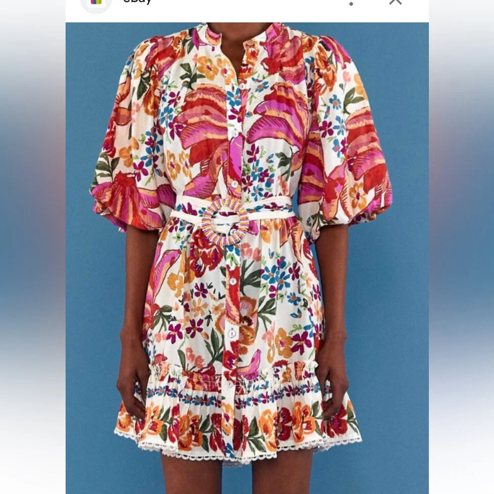 Farm Rio Spring Bananas Puff Sleeve Mini Dress Small - Picture 4 of 10